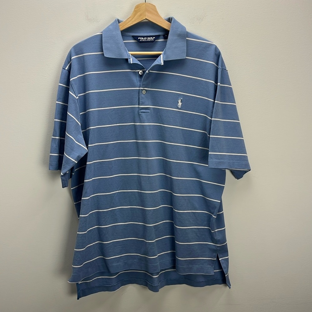 Ralph Lauren Polo Golf Shirt Blue White Stripe Pima Cotton Mens Large Preppy